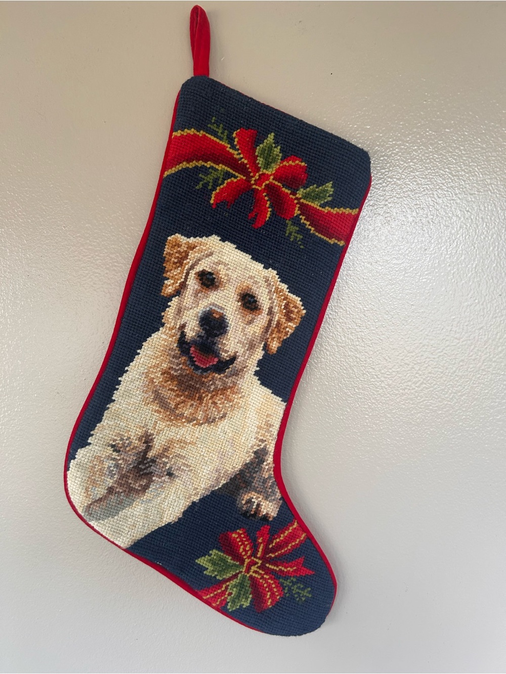 Christmas Stocking Lab Handmade Needlepoint Holiday Stocking Decor Red Velvet